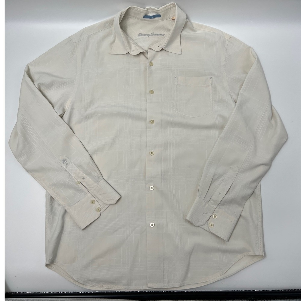 Tommy Bahama Silk Button Down Shirt Mens XL Cream Long Sleeve Grid Good